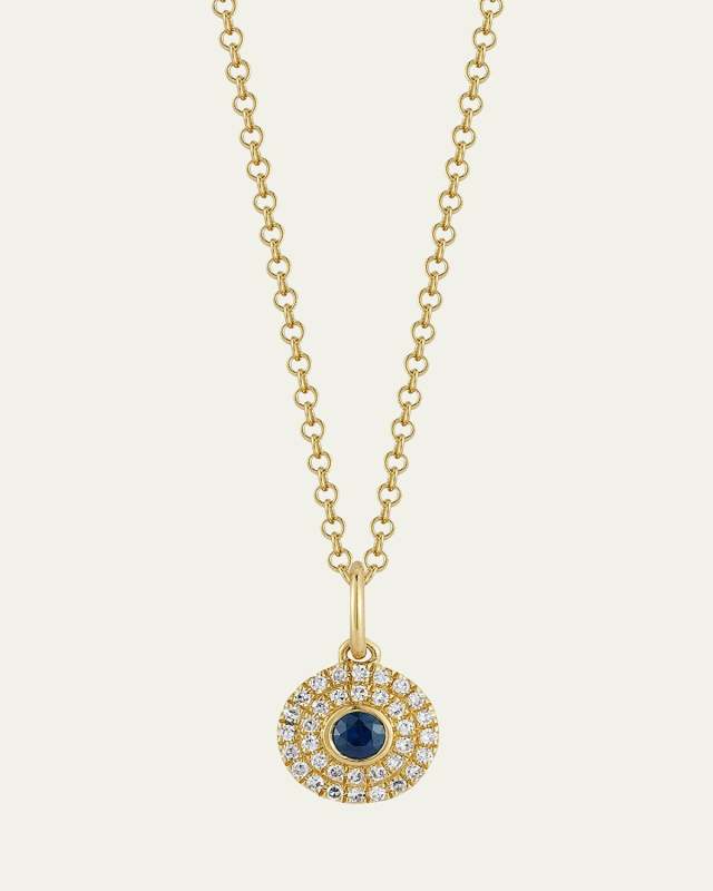 14K Yellow Gold Diamond and Sapphire Round Pendant Necklace